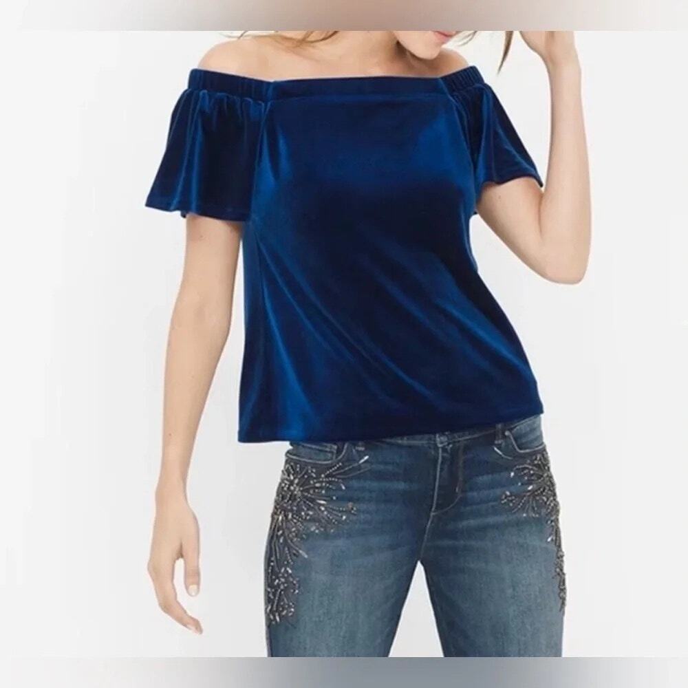 WHBM Womens Velvet Top Off The Shoulder Sapphire Royal Blue Medium Winter